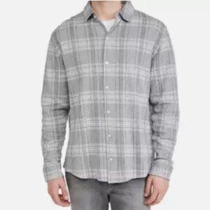 VINCE Gray Plaid Slub Cotton & Linen Button up Shirt Stretch Size M NWT $245